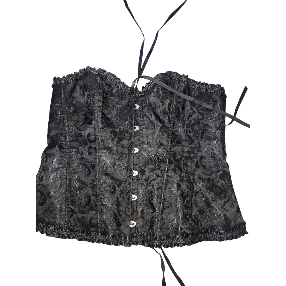 Black Brocade Floral Damask Lace Up Corset Top Bustier Plus Size 1XL Gothic